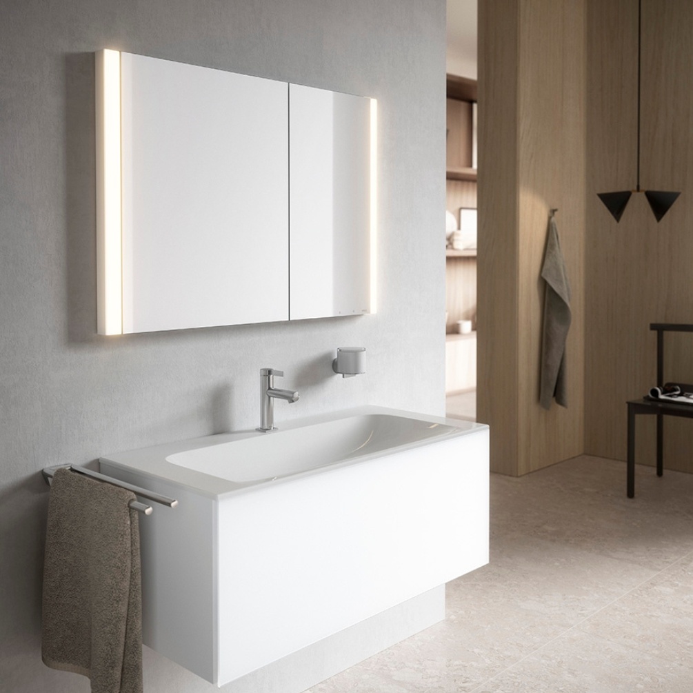 Product Lifestyle image of the Keuco Somaris 1000mm Asymmetrical Double Recessed Mirror Cabinet with Demister 14513002231
